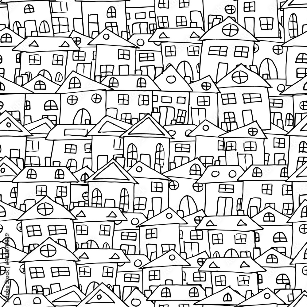 House doodle pattern, village vector illustration. Seamless texture in black and white colors