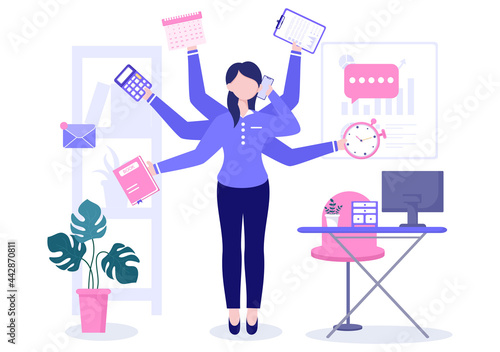 Multitasking Business Woman Or Office Worker as Secretary Surrounded By Hands With Holding Every Job In The Workplace. Vector Illustration
