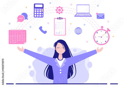 Multitasking Business Woman Or Office Worker as Secretary Surrounded By Hands With Holding Every Job In The Workplace. Vector Illustration