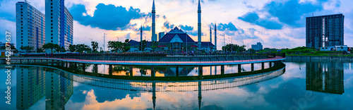 The exterior of Hasyim Asyari Grand Mosque in West Jakarta, Indonesia; with beautiful sunset sky.
