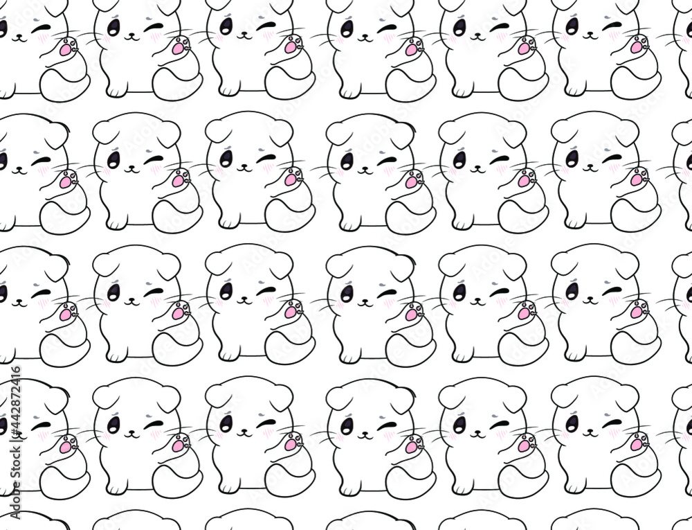 Vector Seamless Pattern with White Kittens, Funny Illustration, Background Template.
