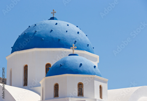 Typical blue dome church on Santorini island, Greece