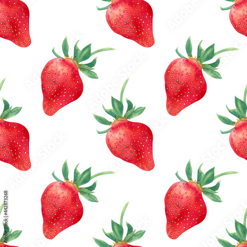 Fototapeta Naklejka Na Ścianę i Meble -  Watercolor strawberry pattern. Summer background with sweet ripe berries for textile and decor