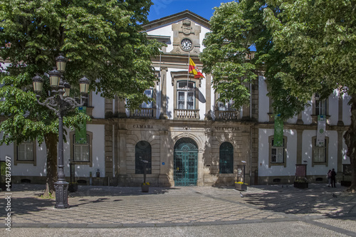 View at the Viseu Administration Council building, Camara Municipal de Viseu, and central square plaza, architectural icons of the city