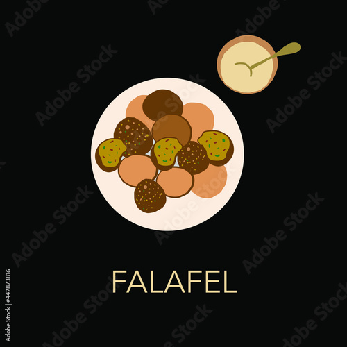 tasty vegan falafel on white plate with relish and hand drawn text Falafel top view. isolated colorful vector illustration on black background. 
