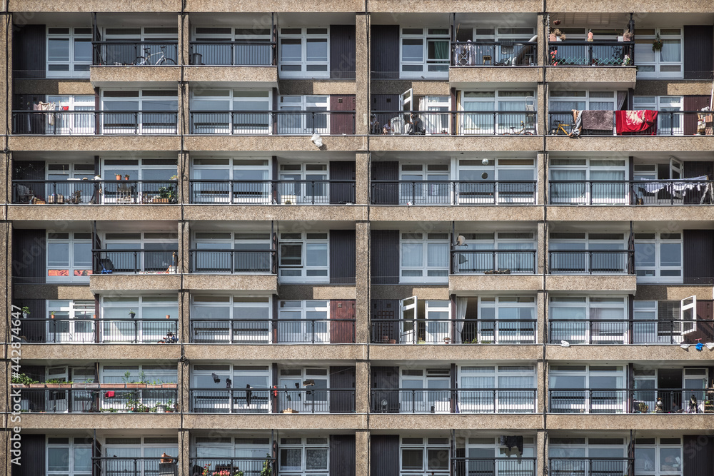 Facade of a Brutalist style tower block, Trellick Tower, in London, UK