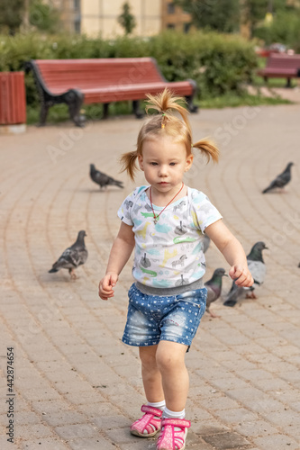 Little girl toddler runs after pigeons. Summertime