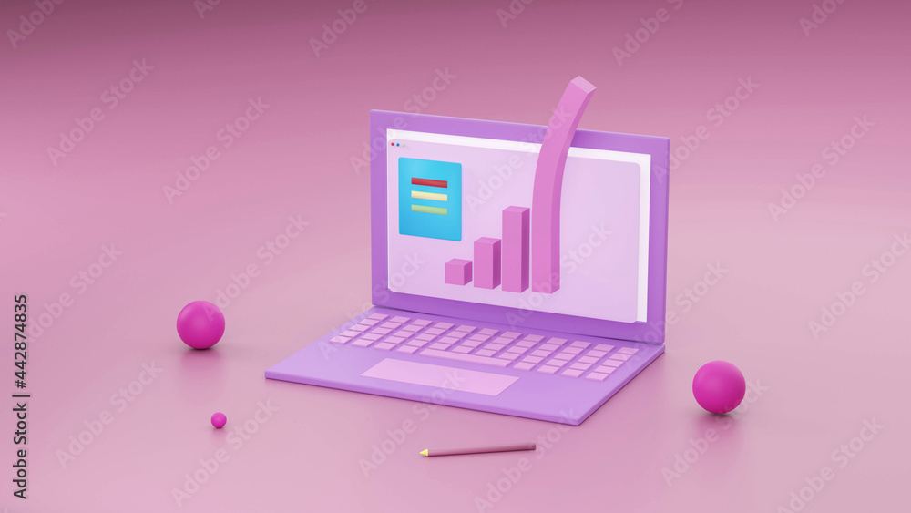 Minimal concept, Laptop on table Work desk pink and violet color and mock-up for your text with notebook and cup. 3d render. - Illustration Minimal concept, Laptop on table Work desk pink and violet color and mock-up for your text with notebook and cup. 3d render. - Illustration
