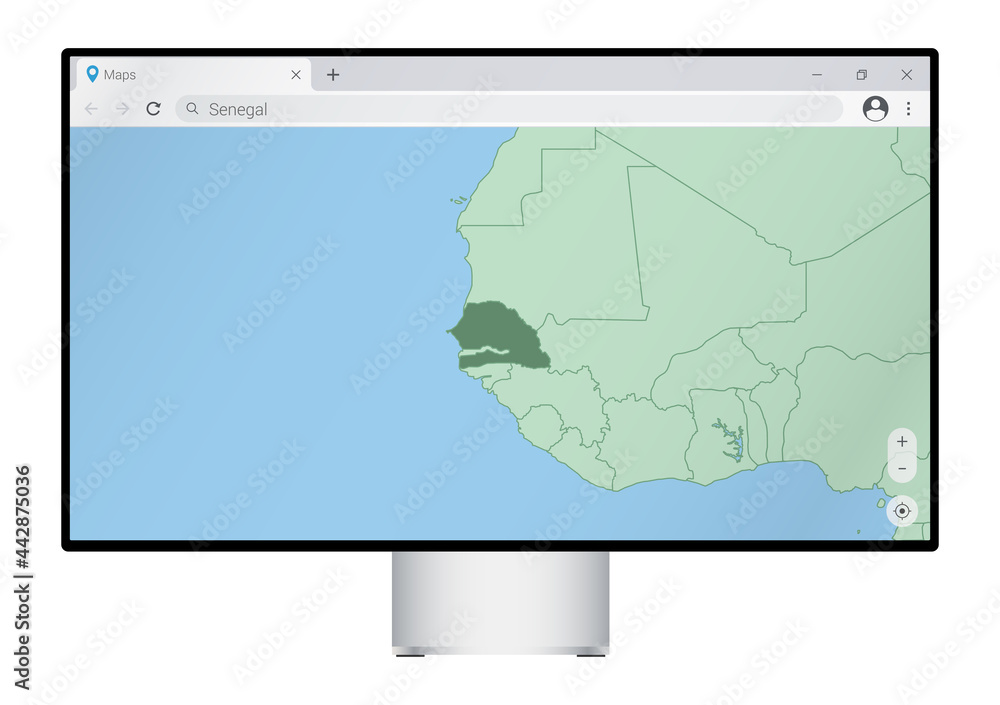 Computer monitor with map of Senegal in browser, search for the country of Senegal on the web mapping program. Computer monitor with map of Senegal in browser, search for the country of Senegal on the web mapping program.