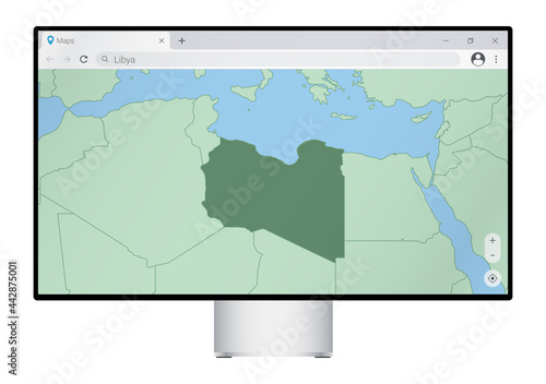 Computer monitor with map of Libya in browser  search for the country of Libya on the web mapping program.