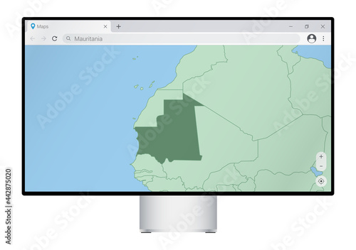 Computer monitor with map of Mauritania in browser, search for the country of Mauritania on the web mapping program.