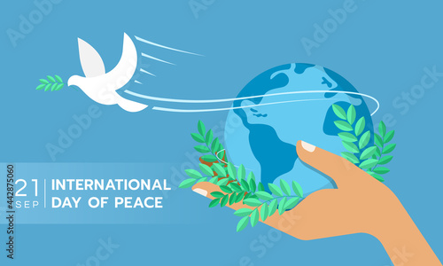 International day of peace The white peace dove flew from the hand that held the globe and the olive bouquet on blue background vector Design