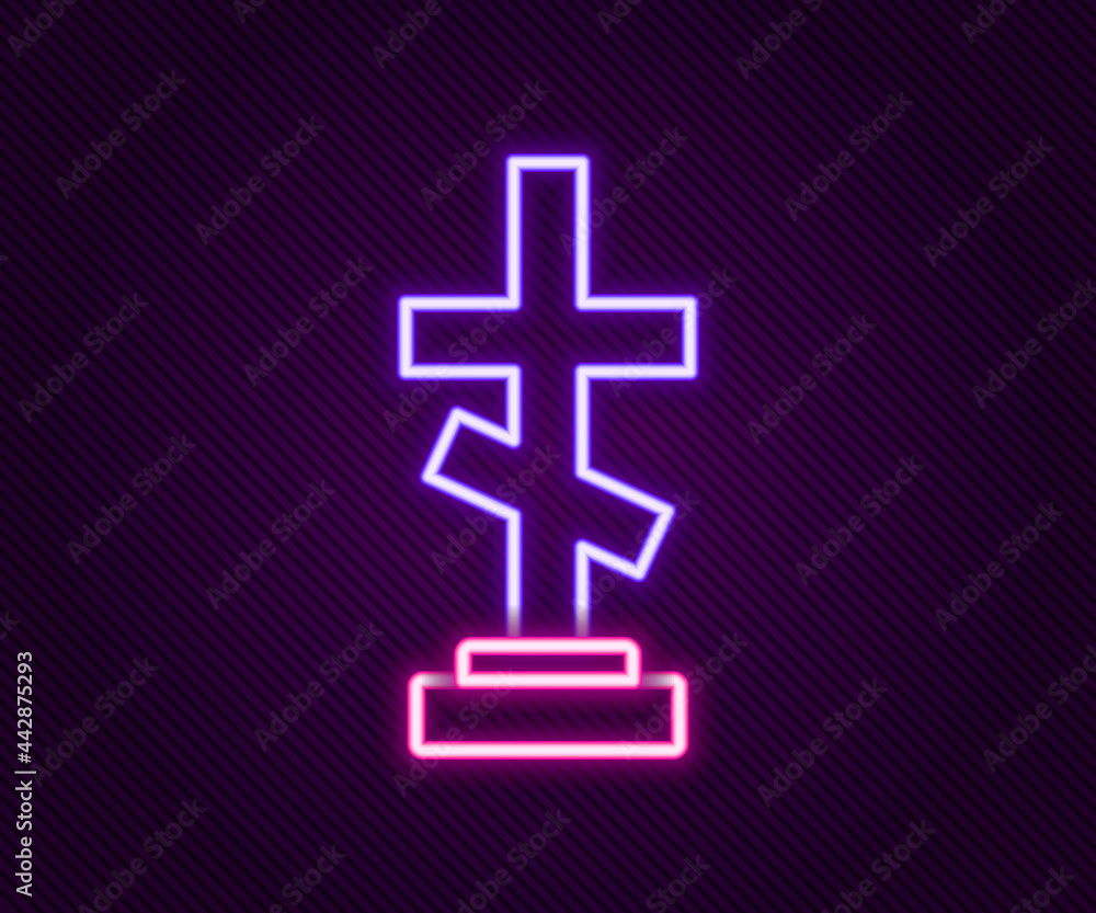 Fototapeta premium Glowing neon line Grave with cross icon isolated on black background. Colorful outline concept. Vector