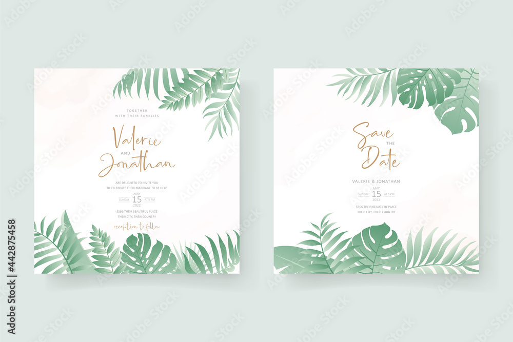 Wedding invitation design with tropical leaf ornament Wedding invitation design with tropical leaf ornament