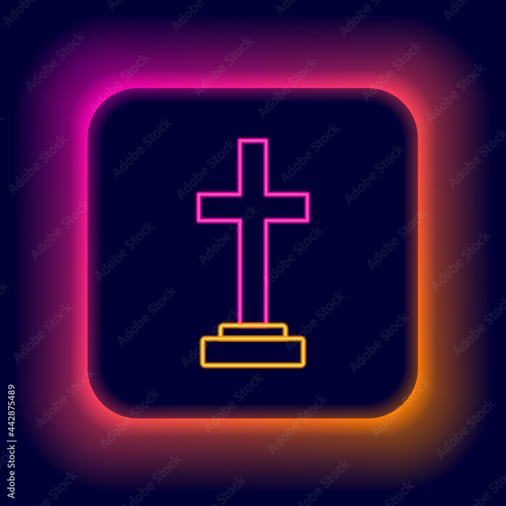 Glowing neon line Grave with cross icon isolated on black background. Colorful outline concept. Vector Glowing neon line Grave with cross icon isolated on black background. Colorful outline concept. Vector