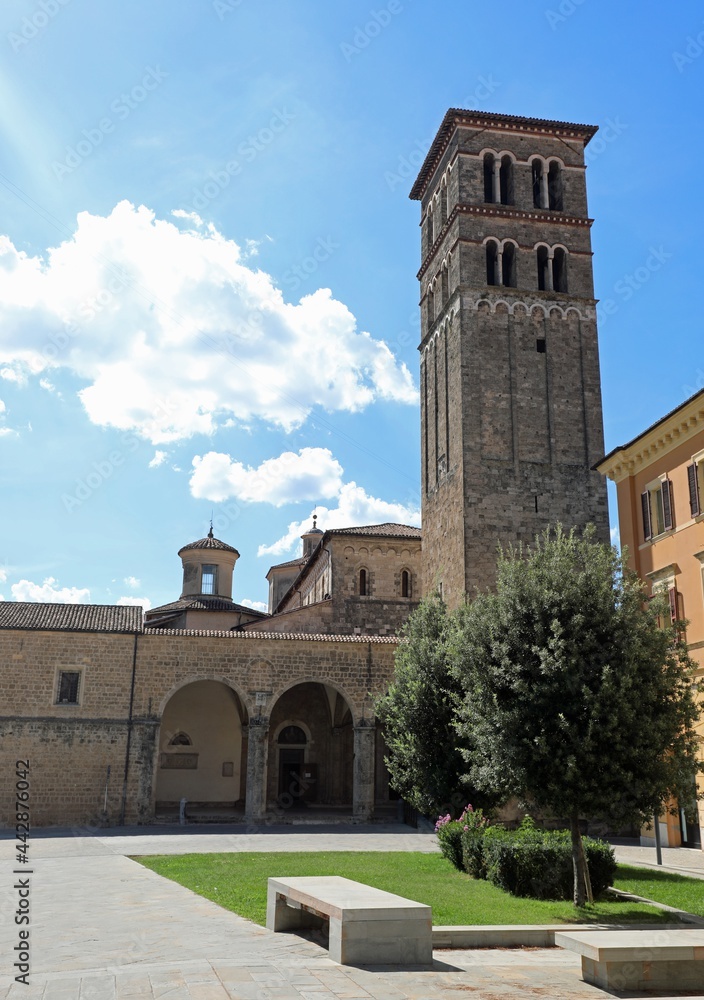 high bell tower of the cathedral of the city of Rieti in the Lazio region in central Italy