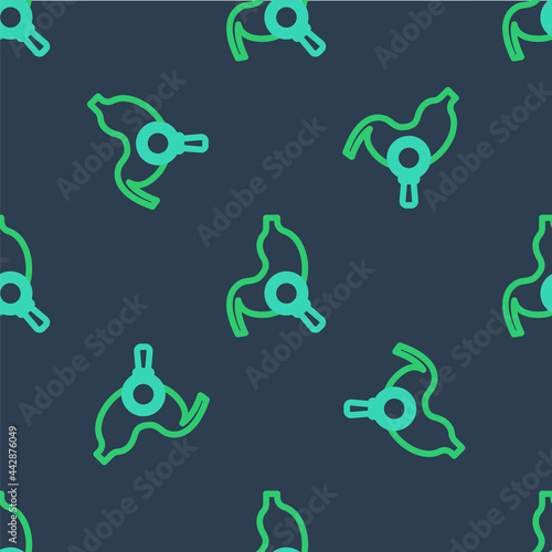 Line Human stomach with magnifying glass icon isolated seamless pattern on blue background. Vector