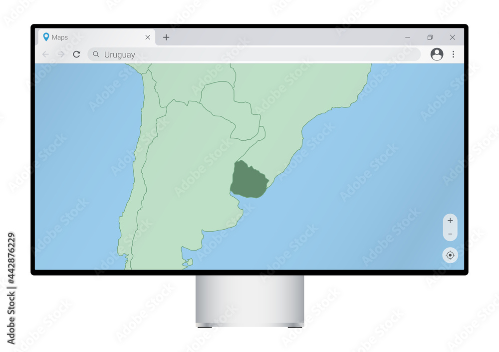 Computer monitor with map of Uruguay in browser, search for the country of Uruguay on the web mapping program. Computer monitor with map of Uruguay in browser, search for the country of Uruguay on the web mapping program.
