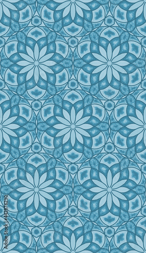 Seamless background with abstract patterns, stylized flower, blue tone. © valezar