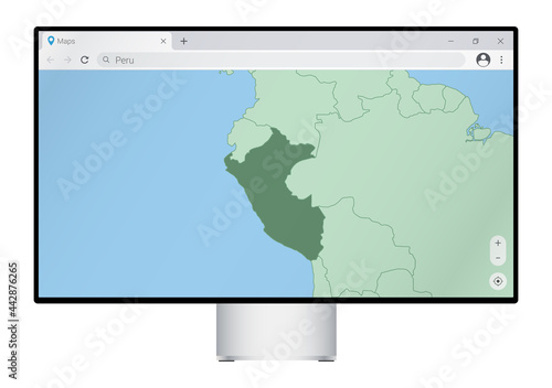 Computer monitor with map of Peru in browser, search for the country of Peru on the web mapping program.