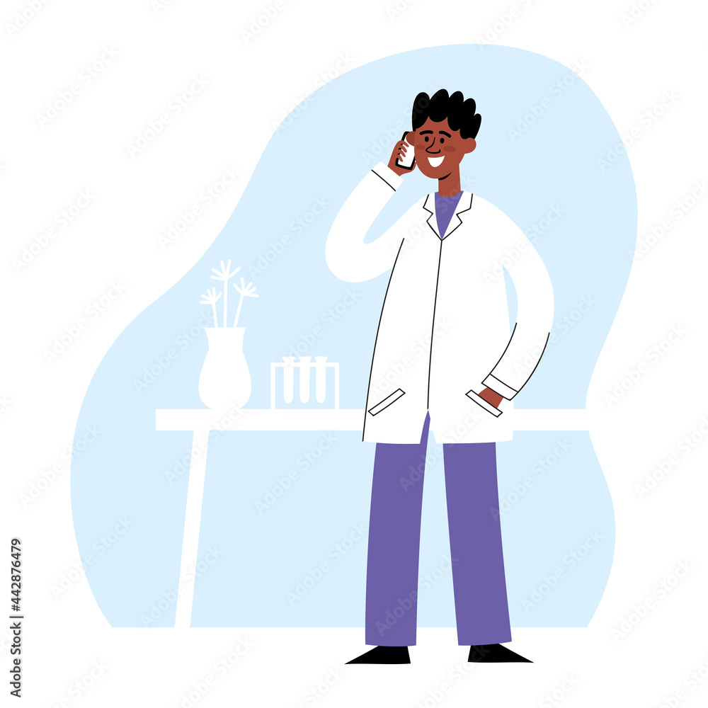 Vector illustration of african doctor with smartphone in medical office.