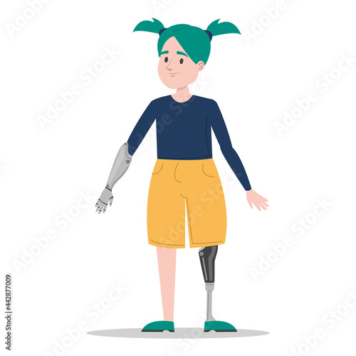Happy young girl with prosthetic leg and arm vector isolated. Illustration of a child wearing a prosthesis. Handicapped person, kid with artificial limbs.