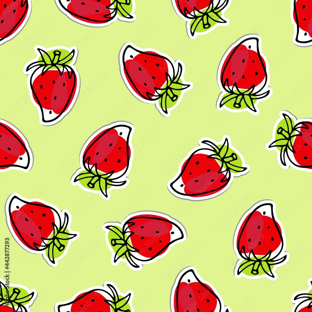 Strawberry hand drawn sticker sketch seamless pattern. Bright berry. Outline vector illustration. Frash Strawberry backdrop for label drawing, T-shirt printing, baby room wallpaper. Organic eco food Strawberry hand drawn sticker sketch seamless pattern. Bright berry. Outline vector illustration. Frash Strawberry backdrop for label drawing, T-shirt printing, baby room wallpaper. Organic eco food