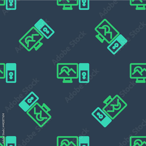 Line Photo retouching icon isolated seamless pattern on blue background. Photographer, photography, retouch icon. Vector