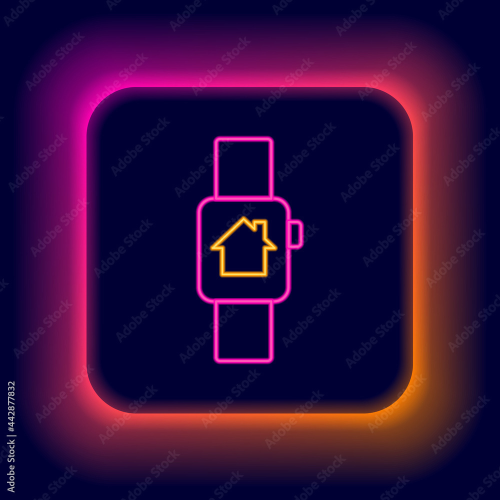 Glowing neon line Smart home with smart watch icon isolated on black background. Remote control. Colorful outline concept. Vector Glowing neon line Smart home with smart watch icon isolated on black background. Remote control. Colorful outline concept. Vector