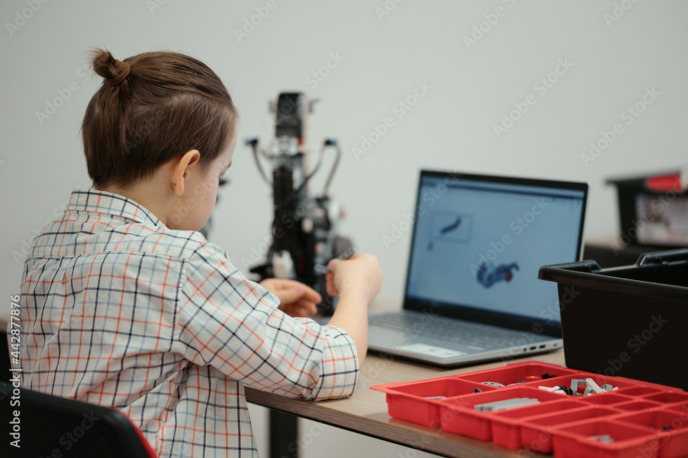 Boy using a laptop to program assembled robot from plastic bricks. STEM Education for kids. Boy using a laptop to program assembled robot from plastic bricks. STEM Education for kids.