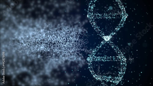 4k video of tunnel of particles and dna structure on dark background.