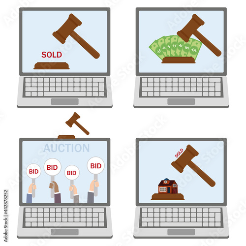 Set of illustrations on the auction theme, color isolated vector illustration on a white background