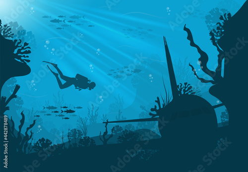 Underwater background, marine habitats, incredible species. Cartoon vector flat-style graphic template