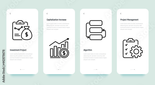 Venture capital mobile user interface with thin line icons set. Investment project, capitalization increase, algorithm, project management. Pixel perfect, editable stroke. Vector illustration.