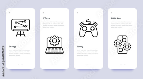 Venture capital mobile user interface with thin line icons set. Strategy, it sector, gaming, mobile apps. Pixel perfect, editable stroke. Copy space. Vector illustration.