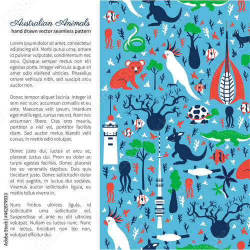 Frame with Australian wild animals, colorful tree and landmarks, vector cartoon illustration, travel background with mammal koala, kakadu, snake, kangaroo, crocodile, decorative banner for design zoo