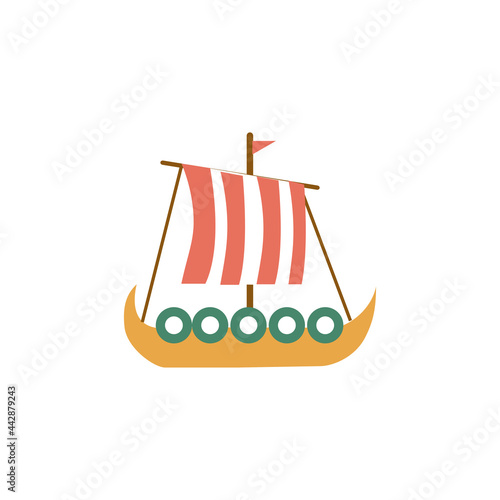 Decorative viking ship, colorful vector cartoon illustration isolated on white, Danish flat symbol, traditional nordic yacht, scandinavian transport, marine sign, travel icon for design card