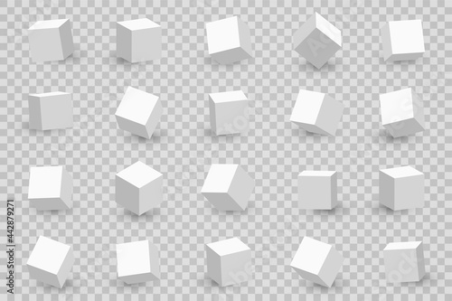 3d cubes in different perspective, angles and isometric view. White cubes or blocks with shadow isolated on background
