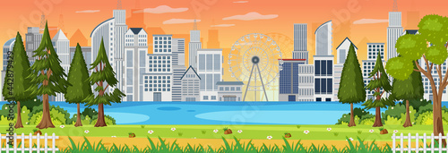 Park horizontal scene with cityscape background at sunset time
