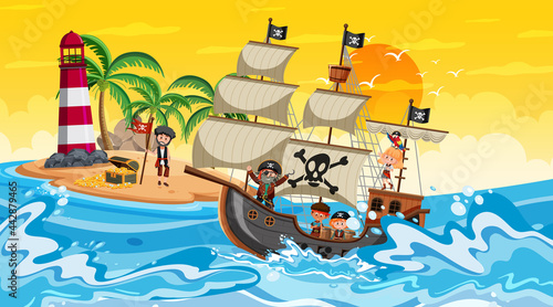 Island with Pirate ship at sunset scene in cartoon style