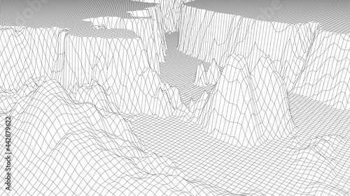 Futuristic wireframe landscape background. Digital retro landscape 1980s style. Vector illustration.