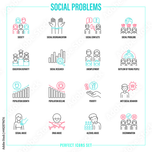Social problems thin line icons set. Unpredictable future, social research, anti social behavior, education disparity, unemployment, outflow of young people, poverty, sexual abuse. Vector illustration