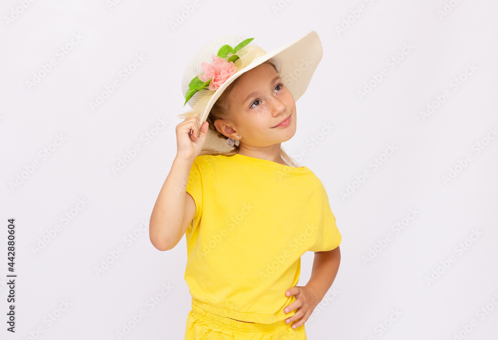 Excited Little summer Girl in a hat isolated on white Excited Little summer Girl in a hat isolated on white