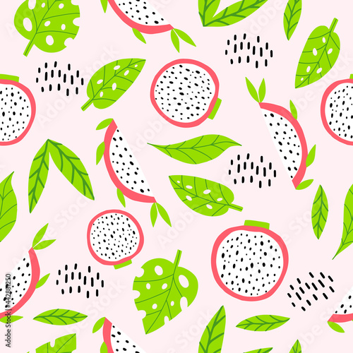 A pattern with pitahaya and leaves. Seamless pattern with useful fruits for the design of fabrics, clothing, wallpaper. Pitahaya with doodle-style leaves. Cute set for printing on dresses