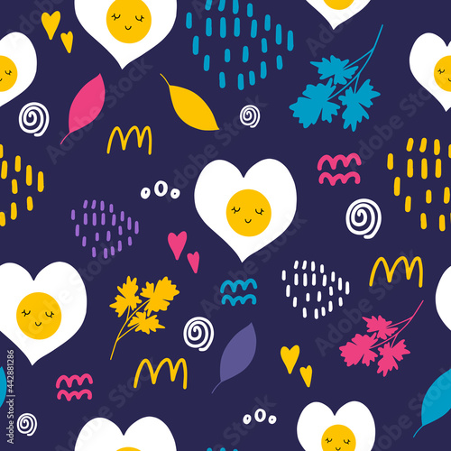 A pattern with a cute omelet in the shape of a heart. Seamless pattern with scrambled eggs for the design of fabrics, clothing, wallpaper. Kawaii with omelet. Cute set for printing in a cafe
