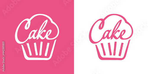 Logotipo con palabra Cake en caligrafía con forma de magdalena con lineas en fondo rosa y fondo blanco