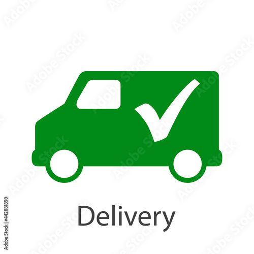 Logo con texto Delivery con camión de transporte con cheque en color verde