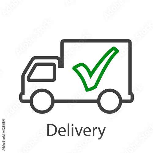 Logo con texto Delivery con camión de transporte con cheque con lineas en color verde y gris