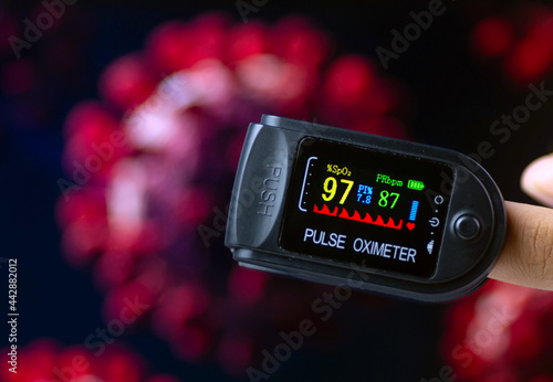 Bilde på lerret Oximeter in a finger for checking oxygen saturation in blood and heart rate, wit