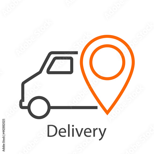Logo con texto Delivery con camión de transporte con marcador de posición con lineas en color naranja y gris